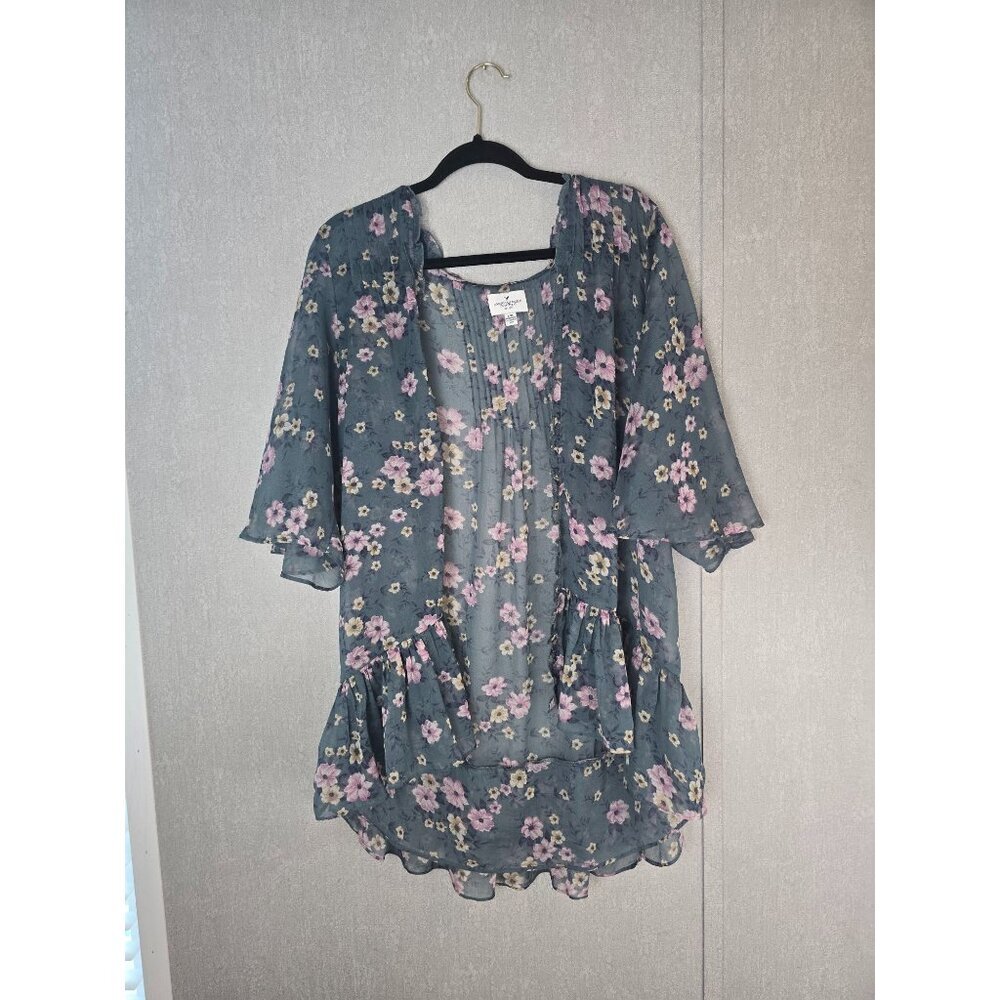 American Eagle Cardigan Women's XL Light Weight Sheer Green Floral Fairy Fall